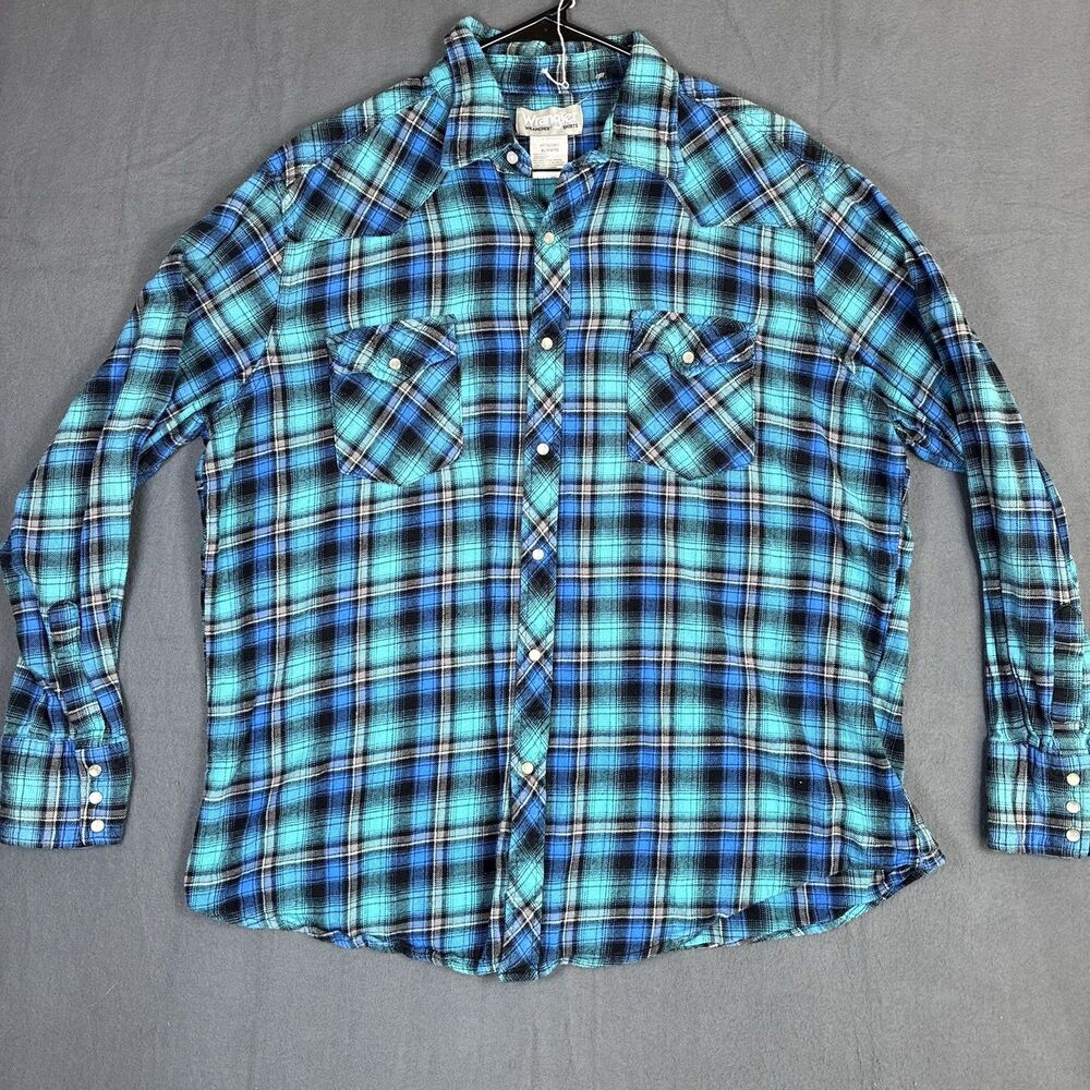 Wrangler Shirt Mens XL Blue Teal Plaid Flannel Western Pearl Snap Long Sleeve